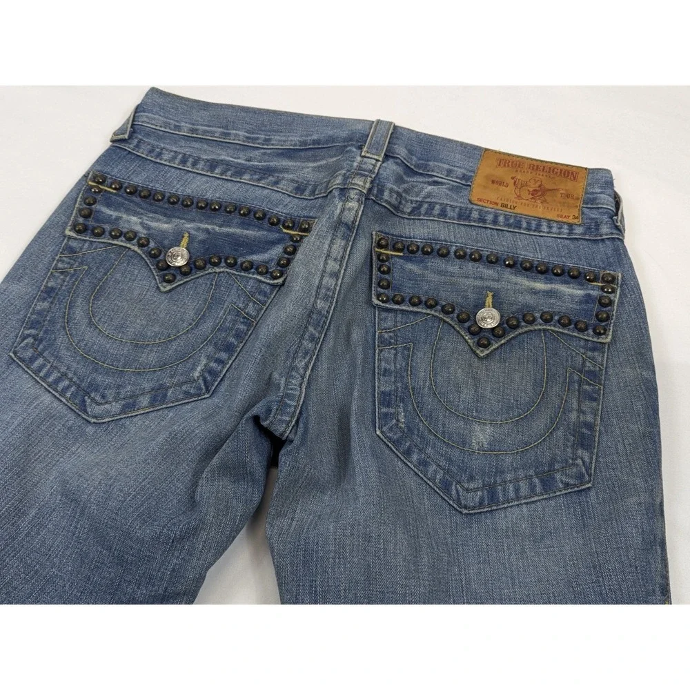 True Religion Billy Studded Distressed Bootcut Jeans Blue Mens 32x32 Made in USA